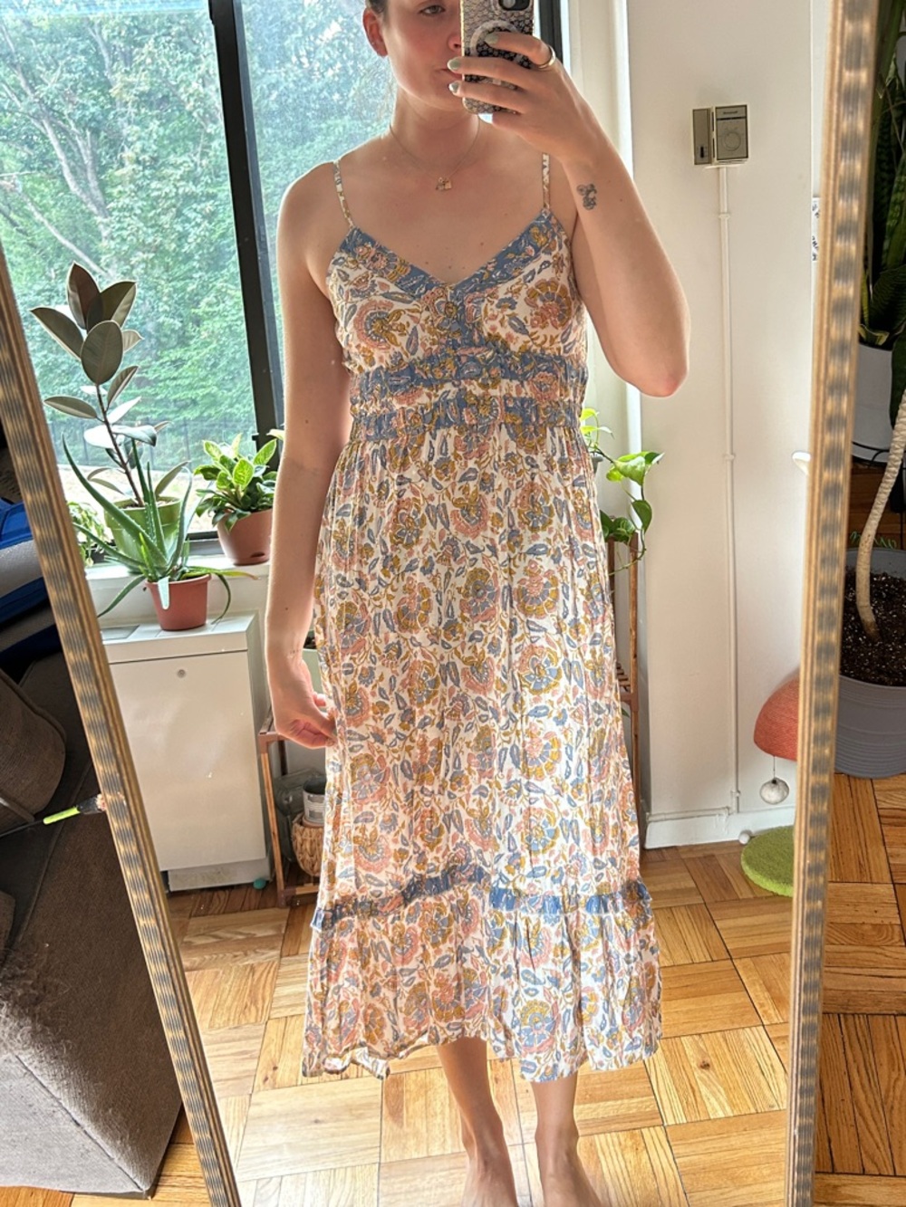 Sincerely Jules Blue and Yellow Floral Smocked Midi Dress